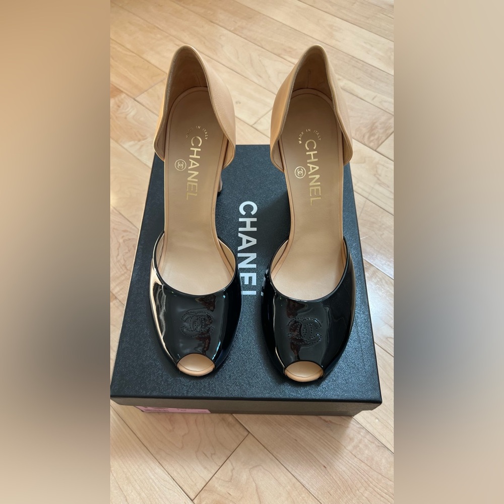 Chanel Beige & Black Patent D’Orsay Peep-Toe Heels